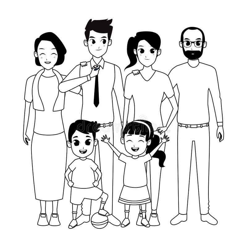 Family Parents and Childrens Cartoons in Black and White Stock Vector