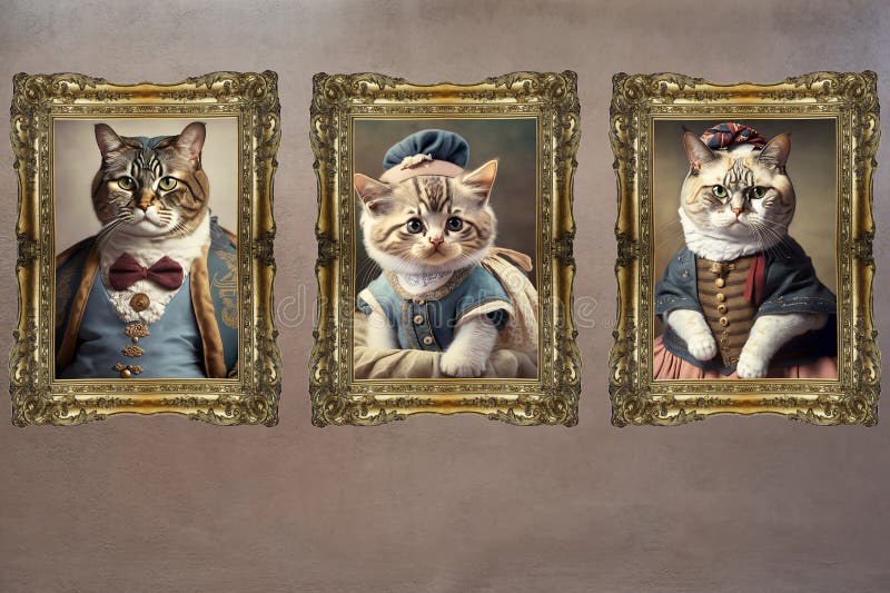 Family photo of a cat family in elegant vintage clothes