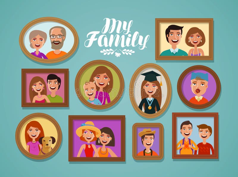 Family Photos in Frames. People, Parents and Children Concept. Cartoon ...