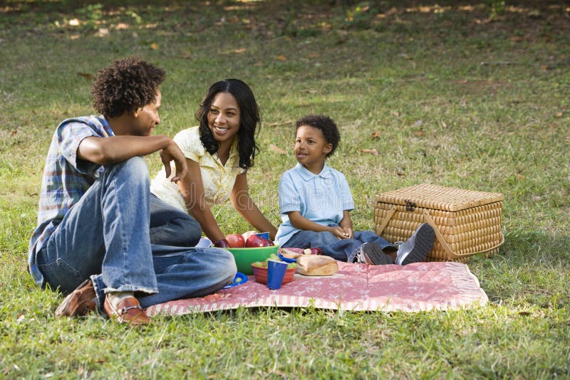 Family picnic in park.