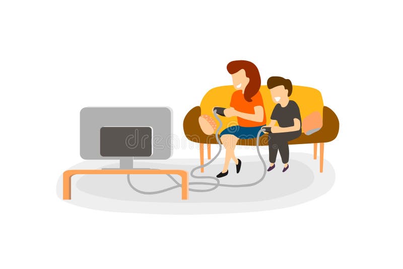 Family play video game at home. Small boy and girl are sitting on the couch together in front of TV.