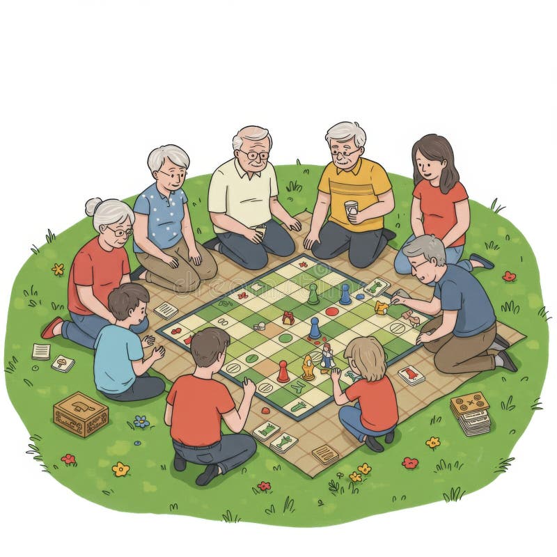 Family Playing a Board Game Outdoors on a Sunny Day Stock Illustration ...