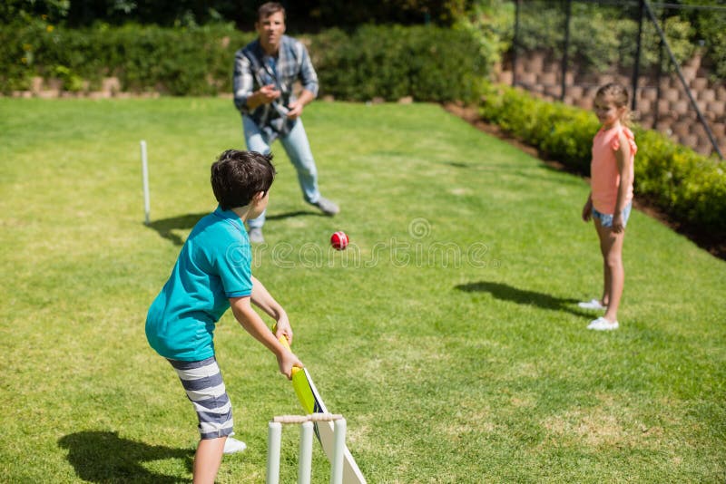 Family Playing Cricket in Park Stock Photo Image of caucasian, bating