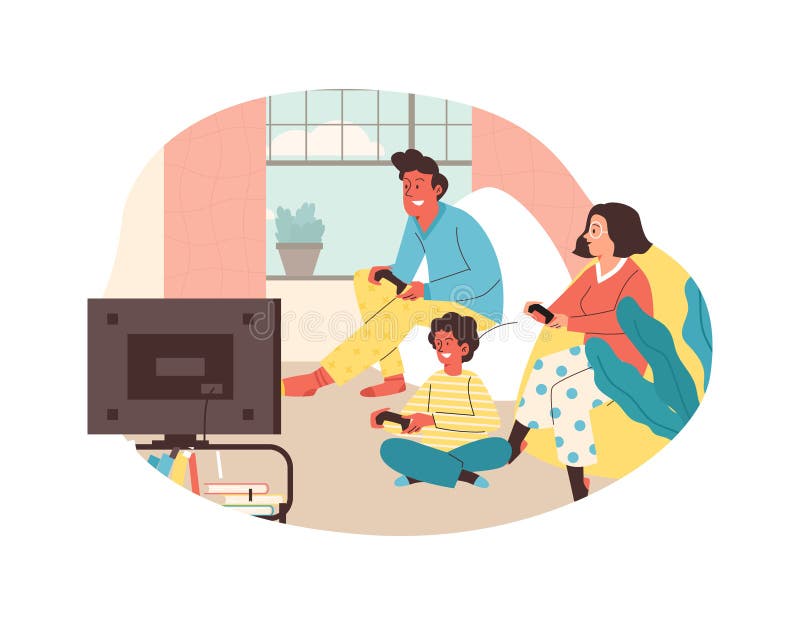 Family playing video game together in the living room, flat vector illustration isolated on white background. Smiling parents with kid holding joysticks. Father, mother and son spending time together.