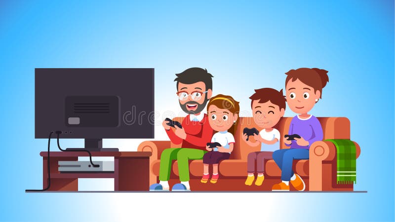 Family playing video games together. Mother, father, kids boy, girl gaming holding console gamepads sitting on sofa at big tv screen. Home family entertainment, fun flat vector character illustration. Family playing video games together. Mother, father, kids boy, girl gaming holding console gamepads sitting on sofa at big tv screen. Home family entertainment, fun flat vector character illustration