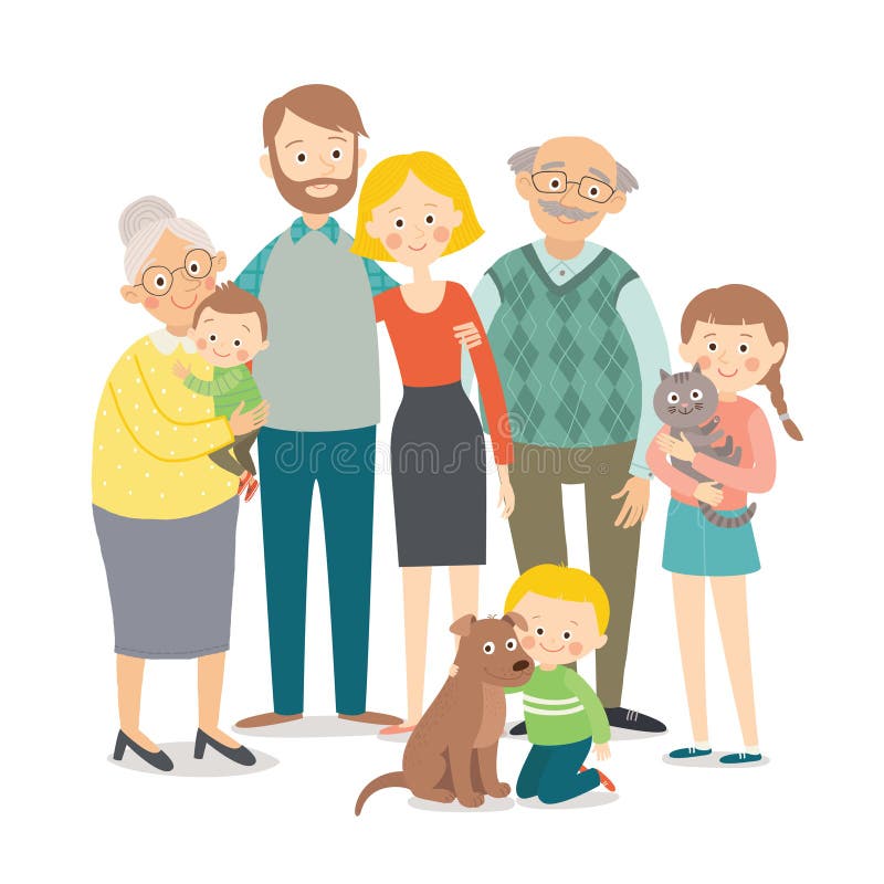 Family portrait. Big happy multi-generational family together. Cartoon vector hand drawn eps 10 illustration isolated on white background in a flat style