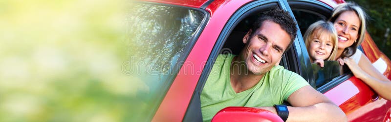 Happy family with kid in red car. Summer vacation and traveling. Happy family with kid in red car. Summer vacation and traveling.