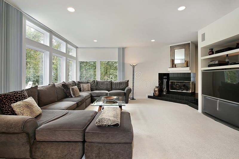 Family room with black fireplace stock images