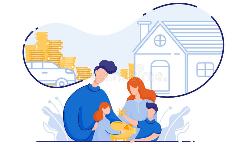 Family Saves Money Buy House and Car. Vector. vector illustration Family Saves Money Buy House and Car. Vector. vector illustration