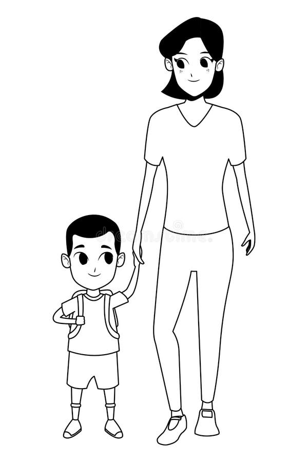 Family Single Parent with Children Cartoon in Black and White Stock Vector  - Illustration of avatar, icon: 154892633