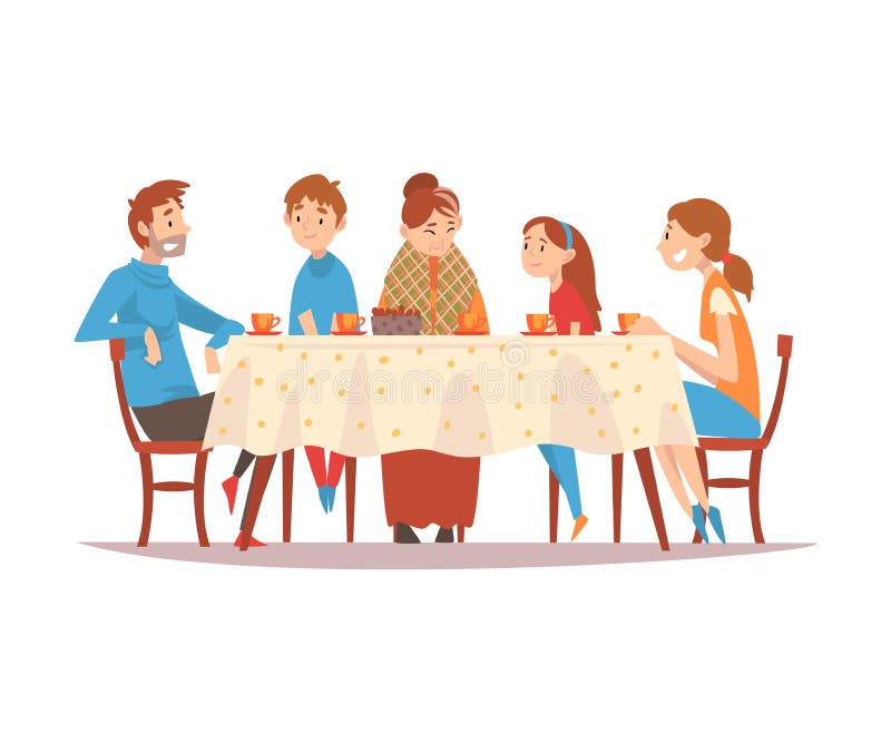 Family Sitting at Kitchen Table, Drinking Tea and Talking to Each Other, Happy Parents, Grandmother and Children Eating Together Vector Illustration on White Background.