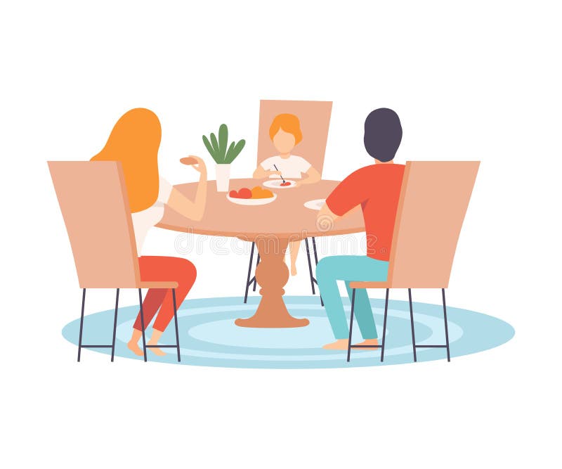 Family Sitting at Kitchen Table and Eating Dinner Together, Parents and Their Son in Everyday Life at Home Vector Illustration on White Background.