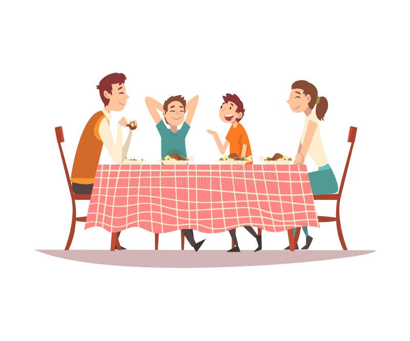 Family Sitting at Kitchen Table with Red Checkered Tablecloth, Happy Parents and Children Eating and Talking to Each Other Vector Illustration on White Background.