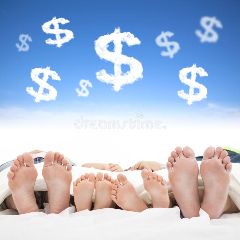 Family sleeping on the bed with money sign concept