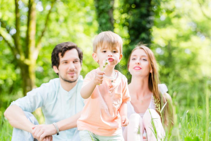 Family with son on meadow blowing dandelion seed