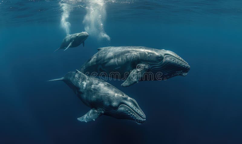 A family of sperm whales diving into the depths of the ocean