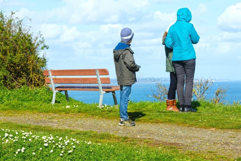 Family on Spring Atlantic Ocean coast (France)