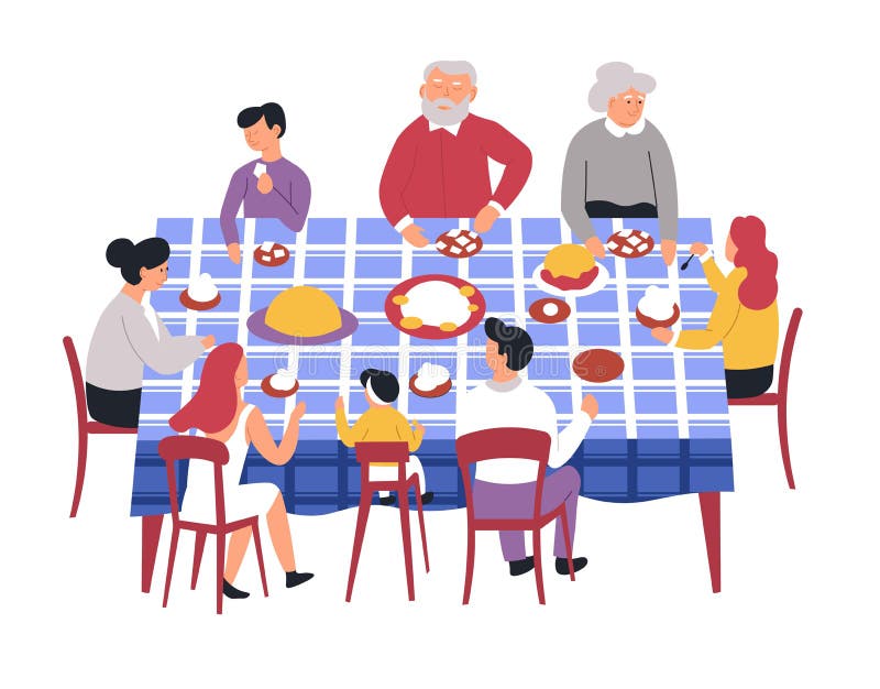 Family at table festive dinner parents and children grandparents vector isolated characters kitchen or dining room meals or dishes eating home son and daughter uncle and aunt mother and father.