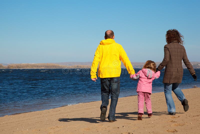 Family of three people walking along beach.