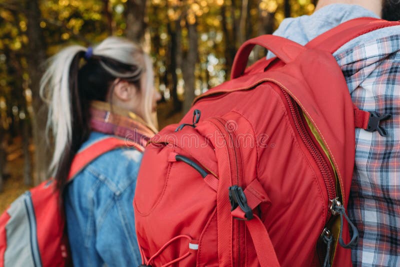 Family tourism couple backpacks autumn nature park stock images Family tourism couple backpacks autumn nature park stock images