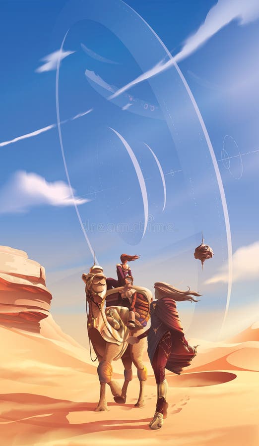 Futuristic illustration of a family is traveling in a desert for their pilgrimage