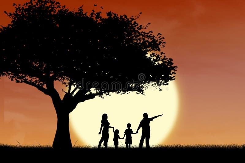 Family and tree silhouette by sunset