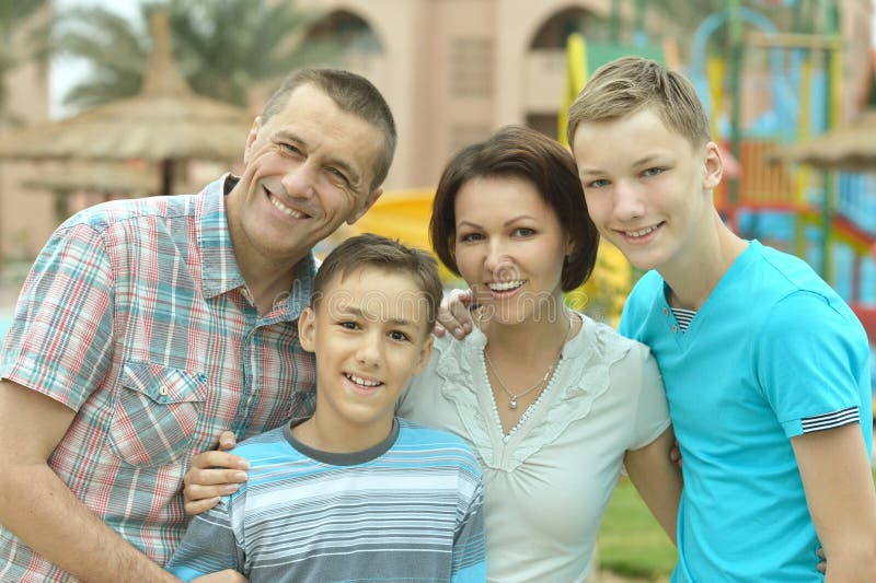 Family at tropical resort.