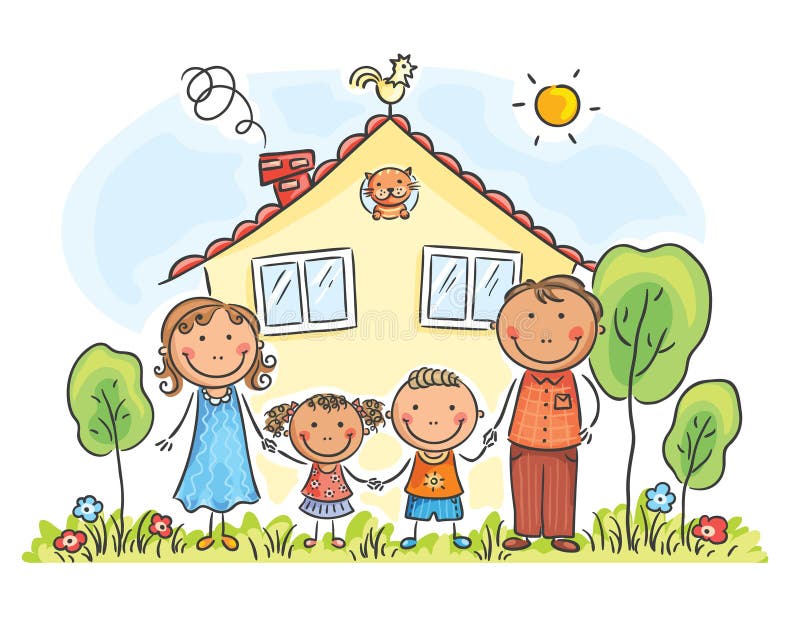 Family with two children near their house, cartoon graphics royalty free illustration Family with two children near their house, cartoon graphics royalty free illustration