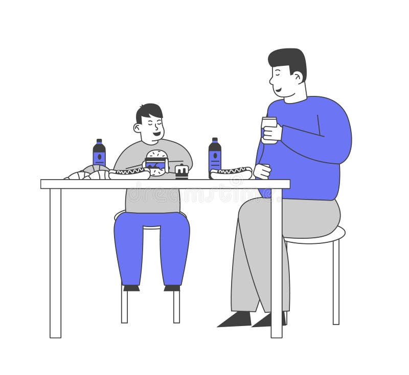 Family Unhealthy Eating Concept. Fatty Father and Fat Child Sitting at Table with Plenty of Fast Food Contain Carbohydrates and Oils, Drinking Soda Beverages Cartoon Flat Vector Illustration, Line Art