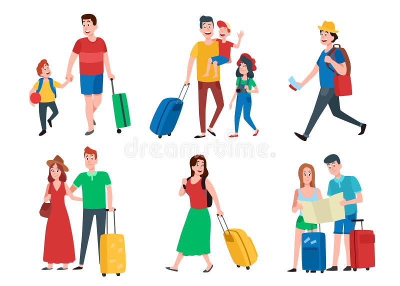 Family vacation. Happy tourist holiday vacations, travel couple and tourists group. Travelling leisure, family vacation or traveler character activity. Cartoon vector isolated icons set. Family vacation. Happy tourist holiday vacations, travel couple and tourists group. Travelling leisure, family vacation or traveler character activity. Cartoon vector isolated icons set