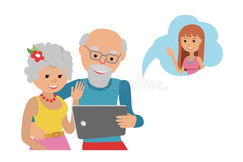 Family vector illustration flat style people online social media communications. Man woman senior couple grandparents make video stock illustration Family vector illustration flat style people online social media communications. Man woman senior couple grandparents make video stock illustration