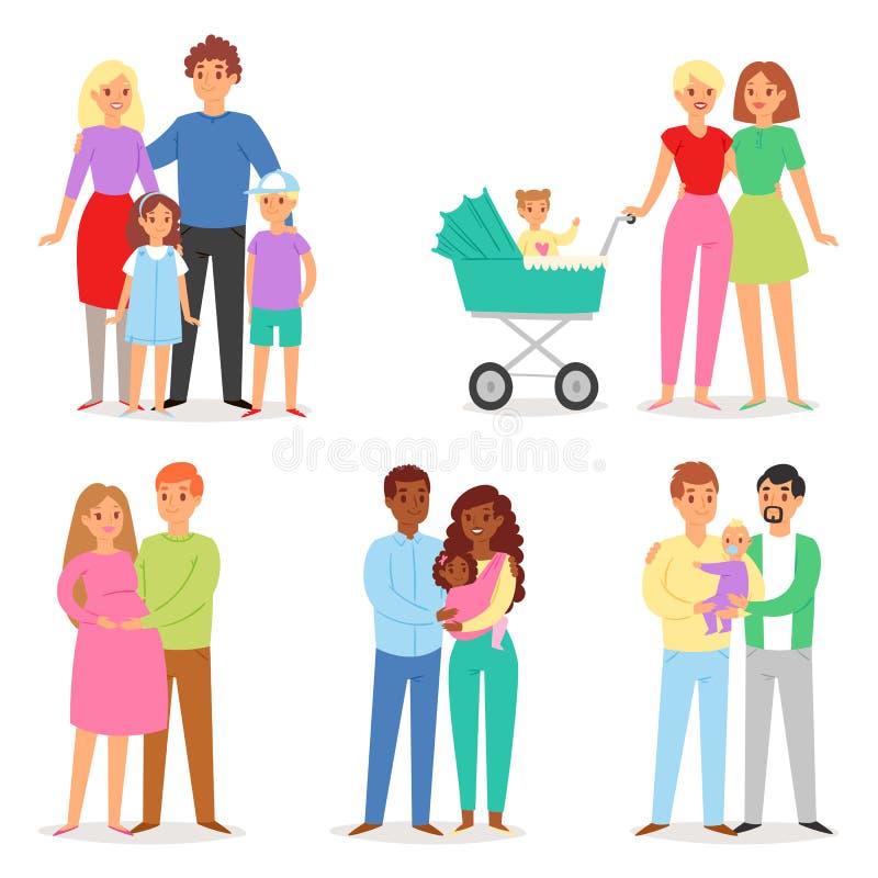 Family vector people character woman man children boy and girl together in love illustration set of gay and lesbian mom