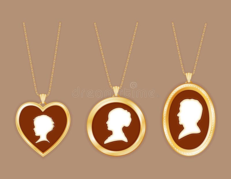 Three vintage cameos: young child, lady & man's silhouette in antique gold lockets with golden chains, taupe background. Add your own pictures to these old-fashioned keepsakes. Shaped gift vectors