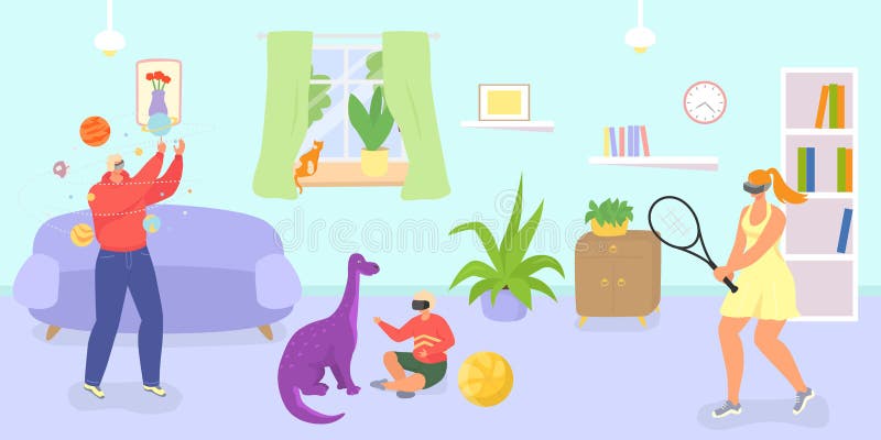 Family vr vacation, vector illustration. Cartoon man woman people character play video game at home, couple playing with virtual reality glasses device together. Happy digital gaming at home.