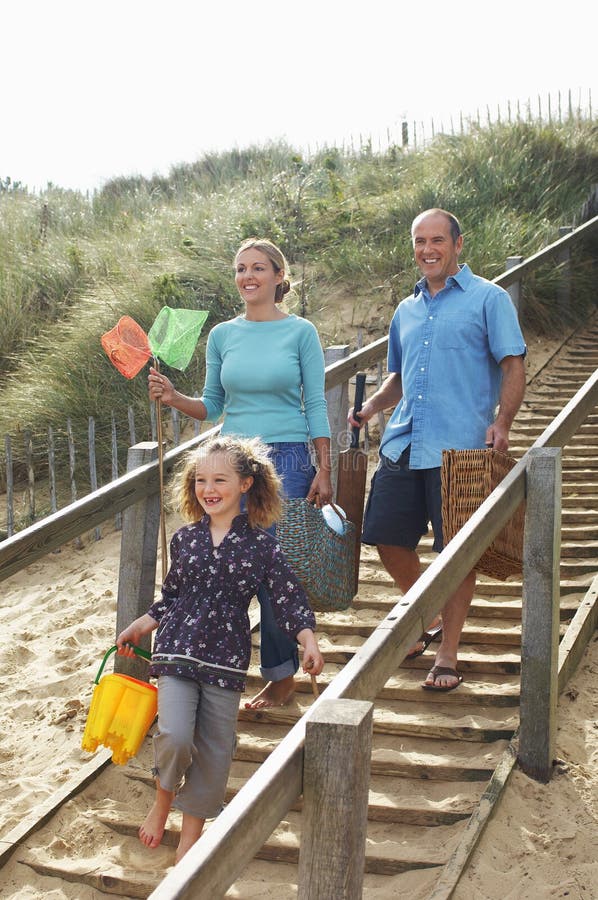 Family Walking Wooden Steps At Beach