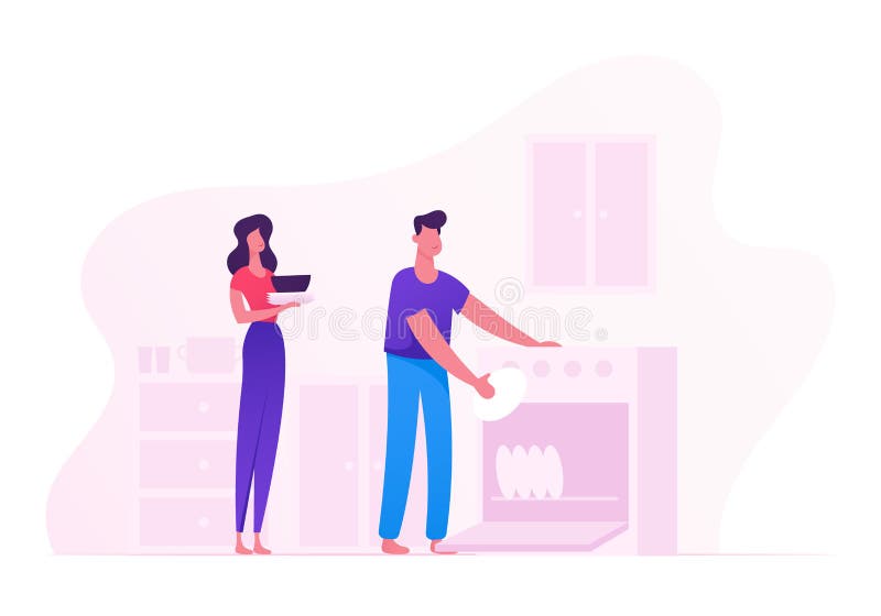 Family Washing Kitchenware Together, Happy Couple on Kitchen Wash Dishes after Cooking and Meal. Man Put Plates to Dishwasher. Every Day Routine and Human Relations. Cartoon Flat Vector Illustration