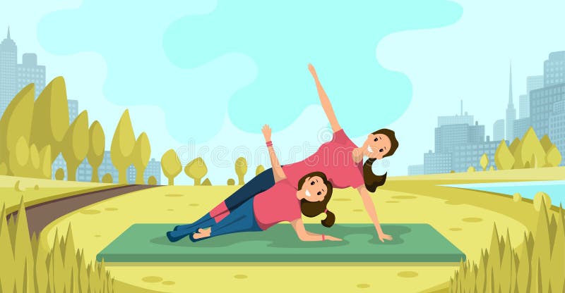 Happy Smiling Mother and Daughter Together Doing Yoga Exercises on Grassy Meadow in City Park Flat Vector Illustration. Family Fitness Outdoor, Physical Activity on Open Air, Healthy Lifestyle Concept. Happy Smiling Mother and Daughter Together Doing Yoga Exercises on Grassy Meadow in City Park Flat Vector Illustration. Family Fitness Outdoor, Physical Activity on Open Air, Healthy Lifestyle Concept