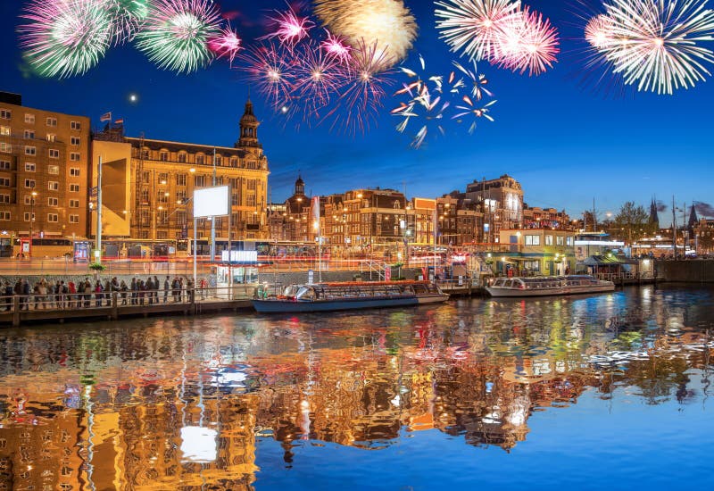 Amsterdam with Firework Celebration of the New Year in Holland Stock