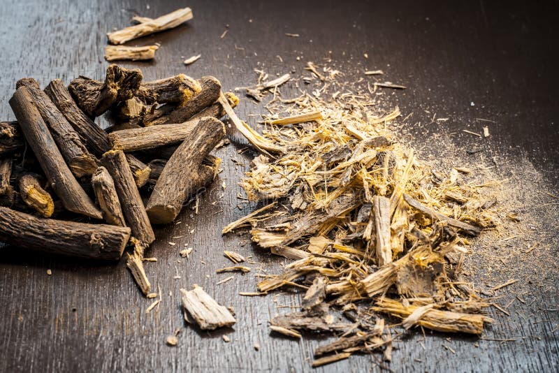Famous Ayurvedic Herb Licorice Root or Mulethi on Wooden Surface Along with  Its Powder. Stock Photo - Image of beneficial, background: 147483750