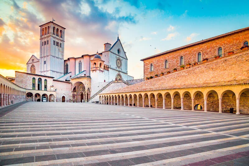 Basilica of St. Francis of Assisi at sunset, Assisi, Umbria, Italy