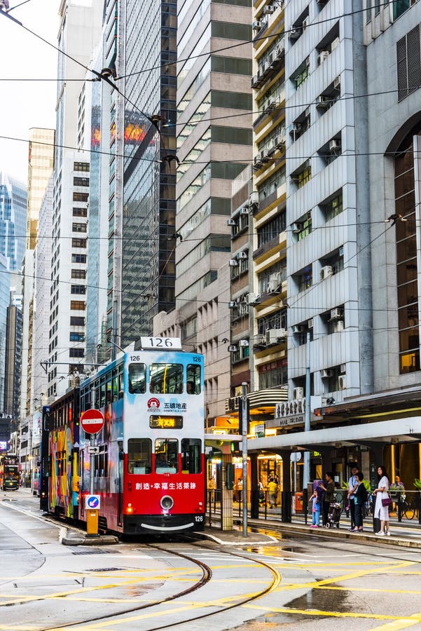 Famous Double-decker Trams on the Street of Hong Kong Island Editorial ...