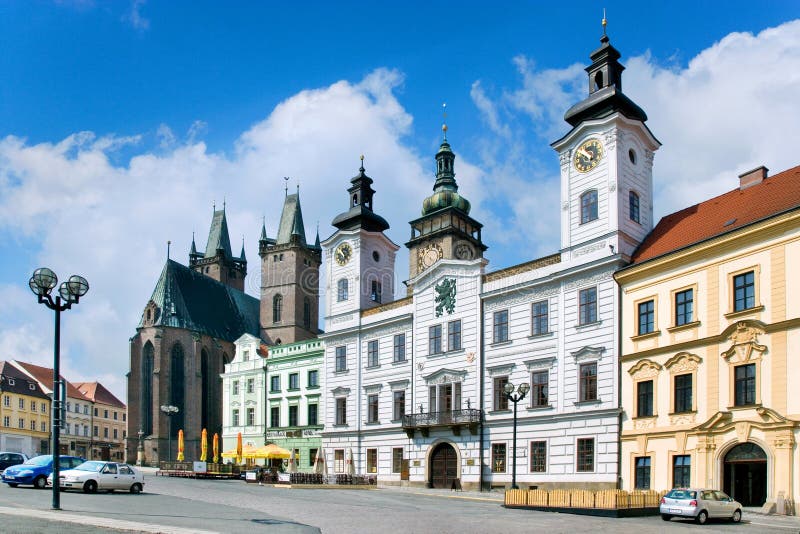 famous Great square with White tower, town hall, gothic Church of the Holy Spirit, historical town Hradec Kralove, Czech republic. famous Great square with White tower, town hall, gothic Church of the Holy Spirit, historical town Hradec Kralove, Czech republic