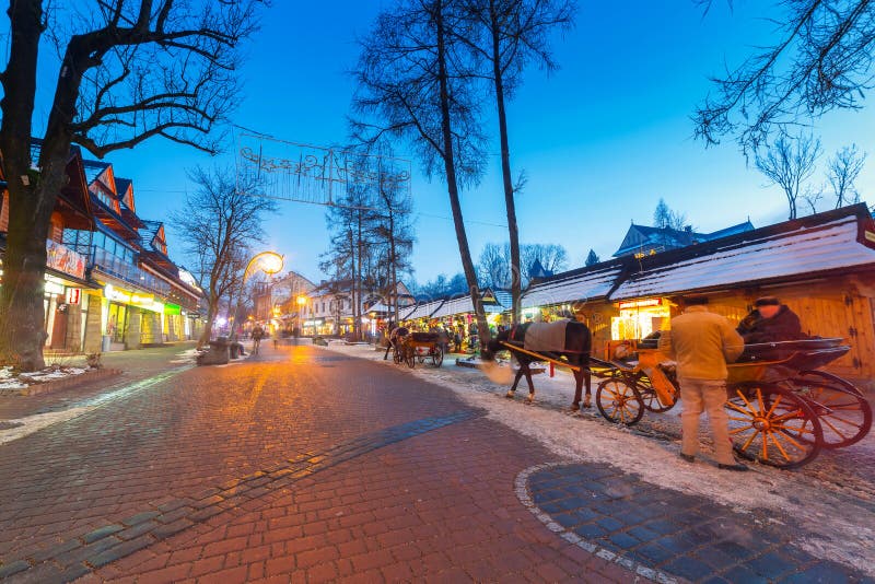 Famous Krupowki street in Zakopane at winter time