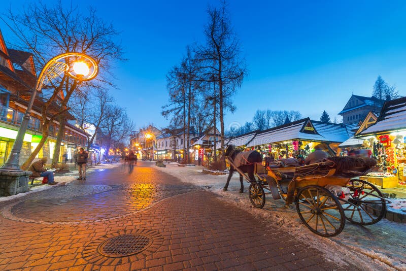 Famous Krupowki street in Zakopane at winter time