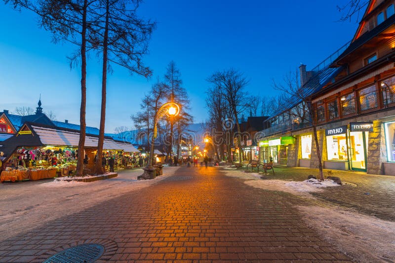 Famous Krupowki street in Zakopane at winter time