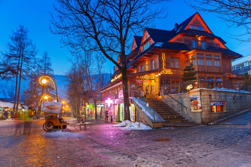 Famous Krupowki street in Zakopane at winter time