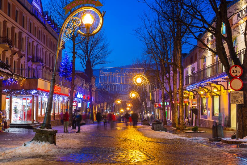 Famous Krupowki street in Zakopane at winter time