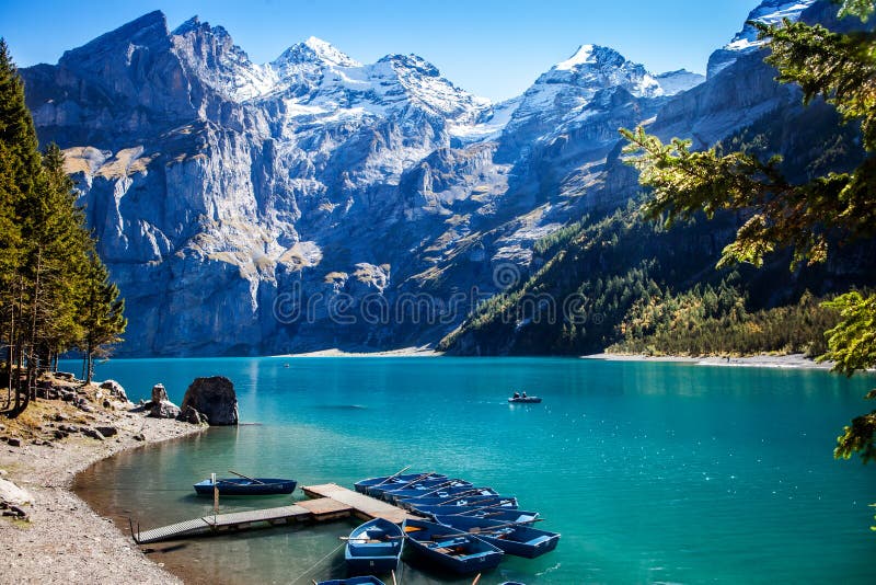 Switzerland view of lake Oeschinen, Oeschinensee, in Kandersteg