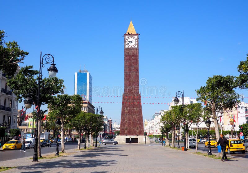 The famous landmark clock tower in downtown Tunis