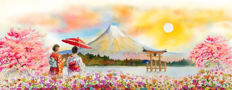 Colorful Watercolor Painting Landmarks Japan Asian Stock Illustration  1260183370